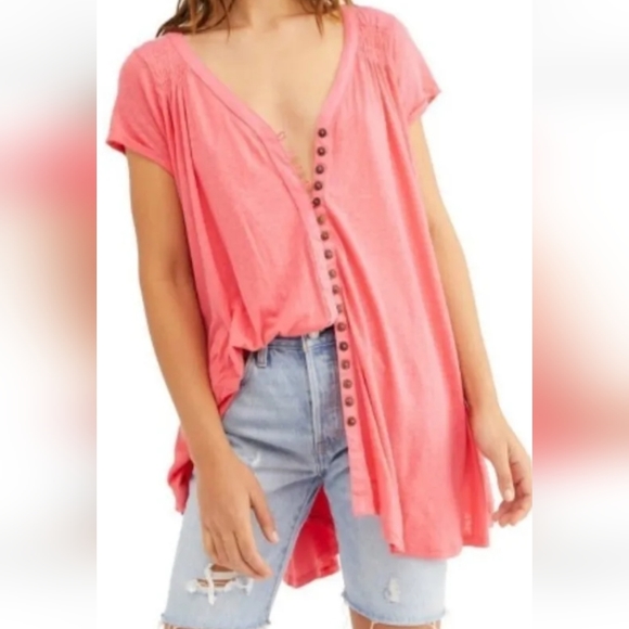 Free People Women's Small Highland High Low Slouchy Oversized Top Pink New Tag - Picture 2 of 3